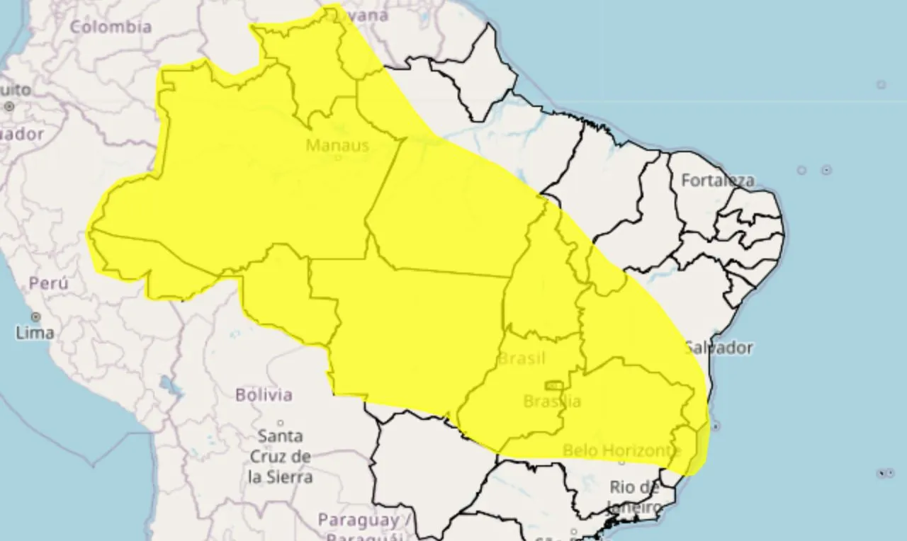 O mapa mostra as &aacute;reas em alerta para chuva intensa e poss&iacute;veis transtornos